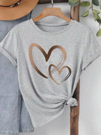 Summer New Fashion Women's Heart Printed T-shirt Trendy Casual Round Neck Top Short Sleeves Women T-shirt