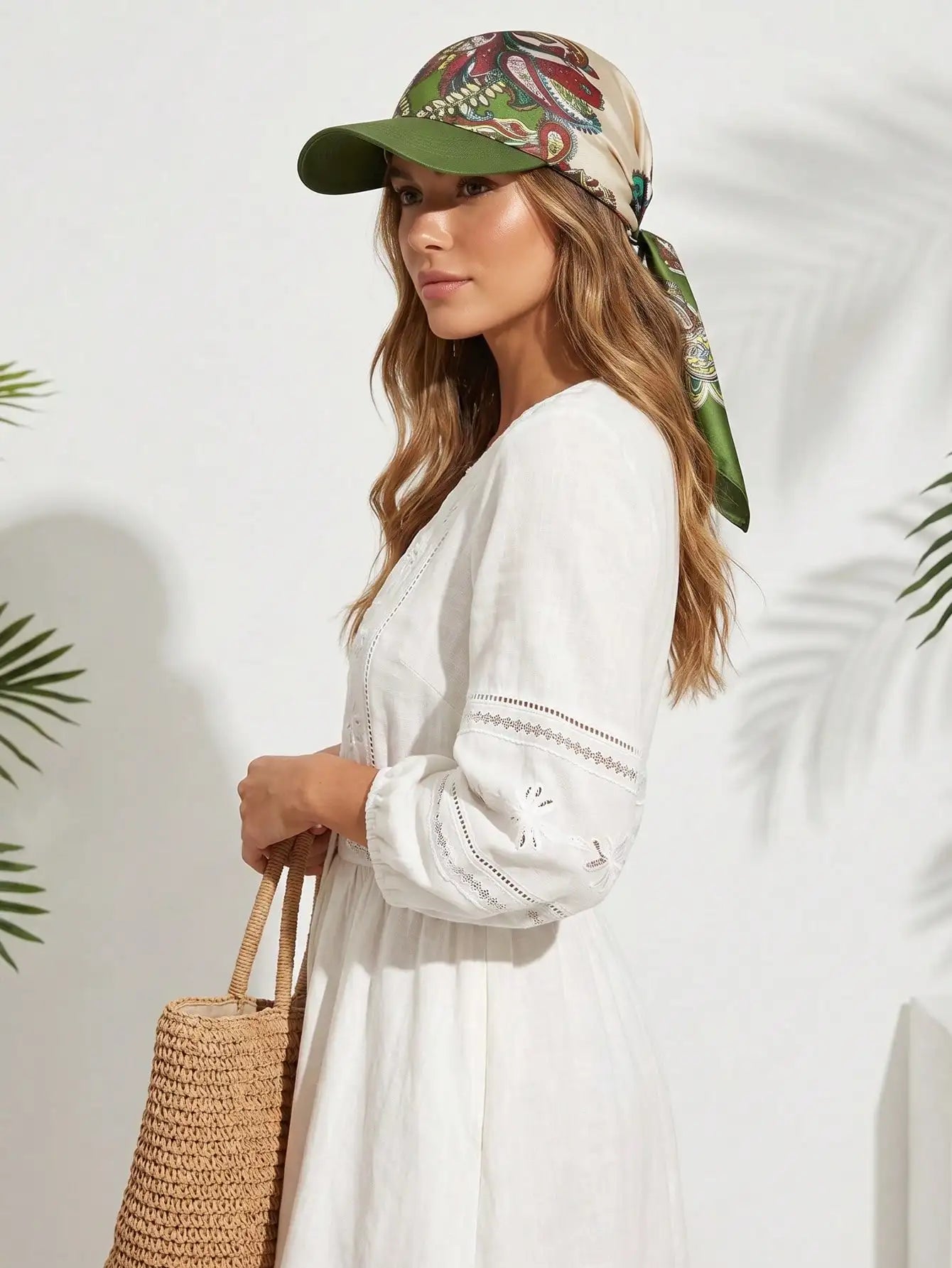 Women Fashion Printed Satin Headscarf Baseball Cap with Brim, Soft Breathable Summer Outdoor Sun Protection Hat Ladies Windproof Head Wrap Sun Hat