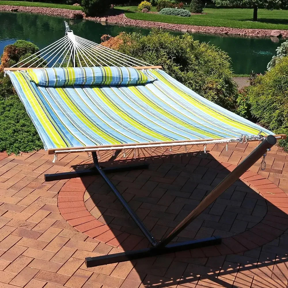Double Hammock for Two with Stand - 350 lbs Capacity, 12-Foot Stand, Blue & Green