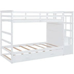 Twin Over Twin Staircase Bunk Bed with Trundle, Triple Bunk Bed, Storage Stairs, Safety Rail, Drawers, Solid Wood, Bedroom Set,
