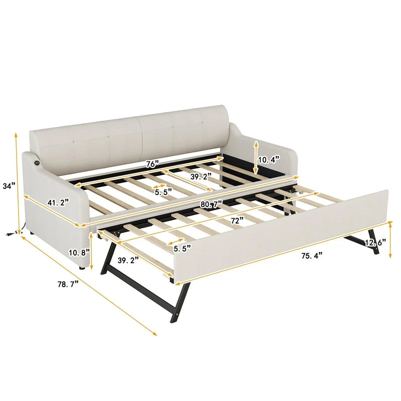 Beige Upholstered Daybed with Convertible Trundle and USB Charging Port