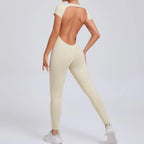 Women's One-piece Yoga Jumpsuit Short Sleeve Open Back Slim Fit Sports Outfit Tights Quick-drying Hip Lift Gym Fitness Clothes