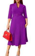 Womens V Neck Business Casual Shirt Dress With 3/4 Sleeves Pleated Midi Skirt And Belt