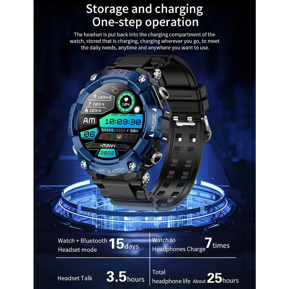 Bluetooth Smartwatch and Earbuds, Fitness Tracker for Men with Call Features, Military Grade for Sports