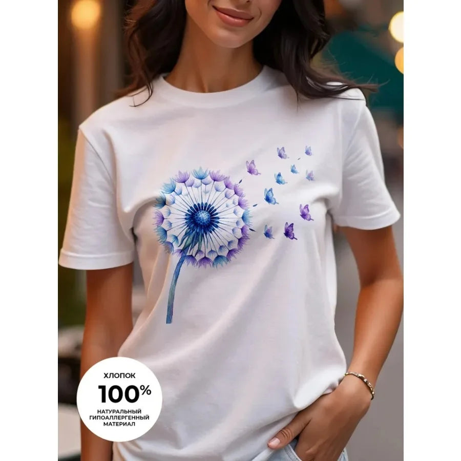 【New Arrival】Dandelion Butterfly Watercolor Print T-Shirt Women's Summer Cotton Casual Top