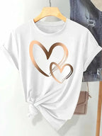 Summer New Fashion Women's Heart Printed T-shirt Trendy Casual Round Neck Top Short Sleeves Women T-shirt
