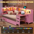 Twin Bed with Desk, Charging Station, Bookcase, and LED Lights for Girls - Storage Daybed, No Box Spring Needed