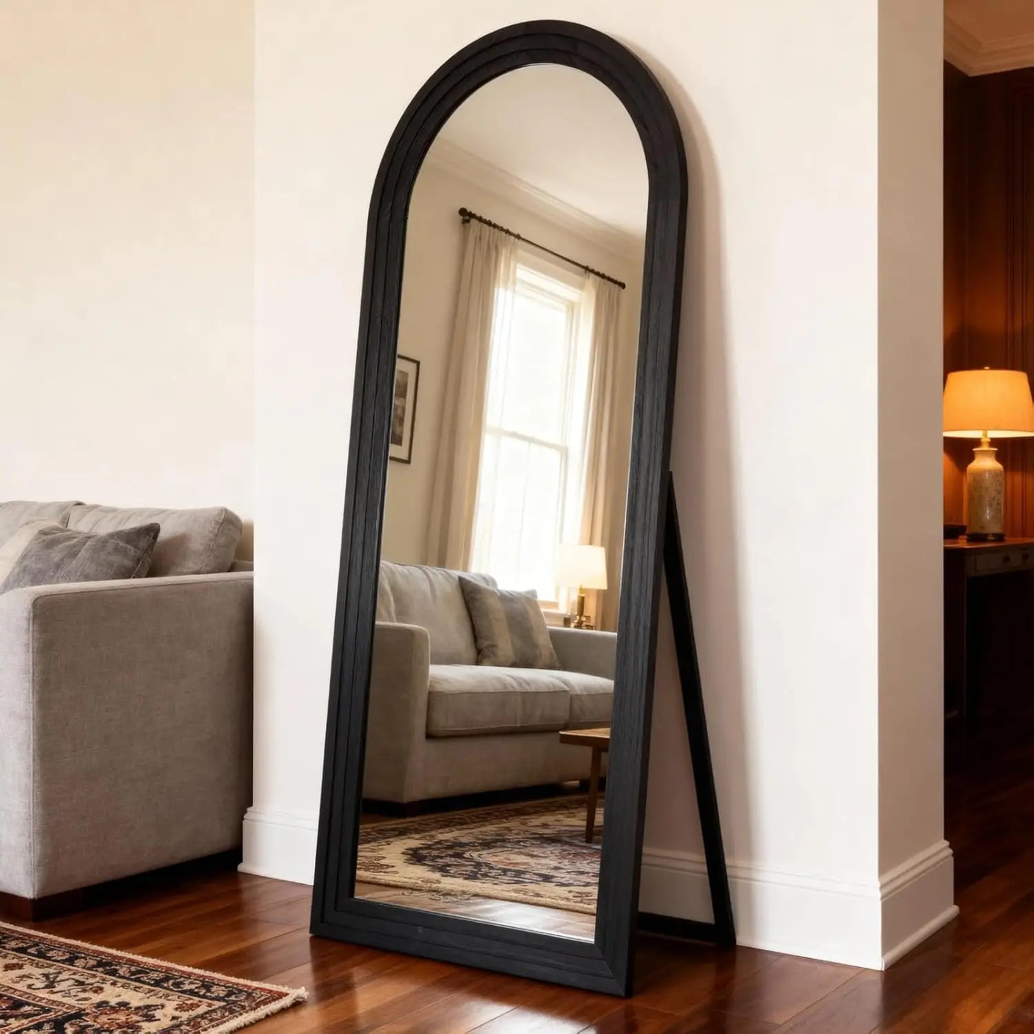 Arched Full Length Mirror 65"x22" Long Vintage Wood Floor Length Mirror with Stand Brown, Customized
