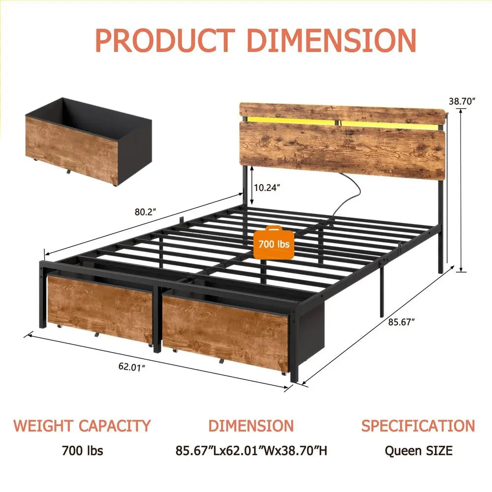 Queen Bed Frame with Wood Headboard,2 Storage Drawers amp Shelf Builtin Charging Station amp LED Lights, Metal Support, No Box