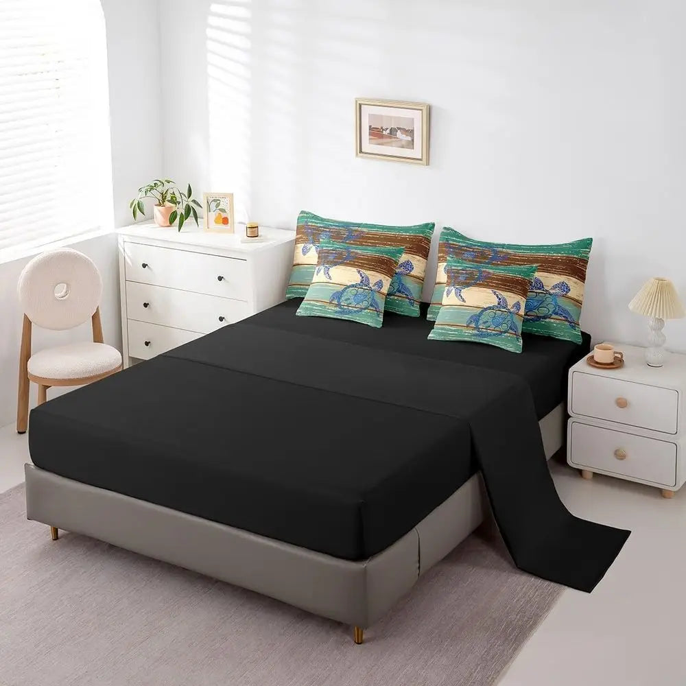 7-Piece Sea Turtle Bedding Set in Vintage Geometric Stripe, Ocean-Themed Queen Comforter