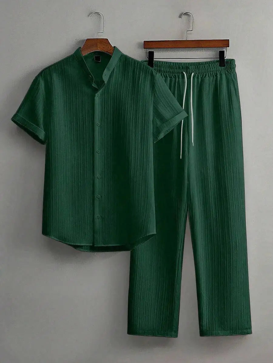 Mens Summer Solid Color Short Sleeve Stand Collar Shirt And Elastic Drawstring Pants Casual Co-ords Set