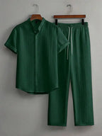 Mens Summer Solid Color Short Sleeve Stand Collar Shirt And Elastic Drawstring Pants Casual Co-ords Set