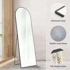 Black Aluminum Alloy Thin Frame Mirror, 64X21 Inch Arched Full Length Mirror with Stand for Bedroom and Living Room