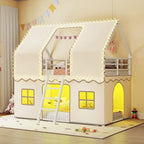 Twin Over Twin Bunk Bed with Play Curtain, LED Lights, Metal Frame, Inclined Ladder, Guardrail, Space-Saving Design