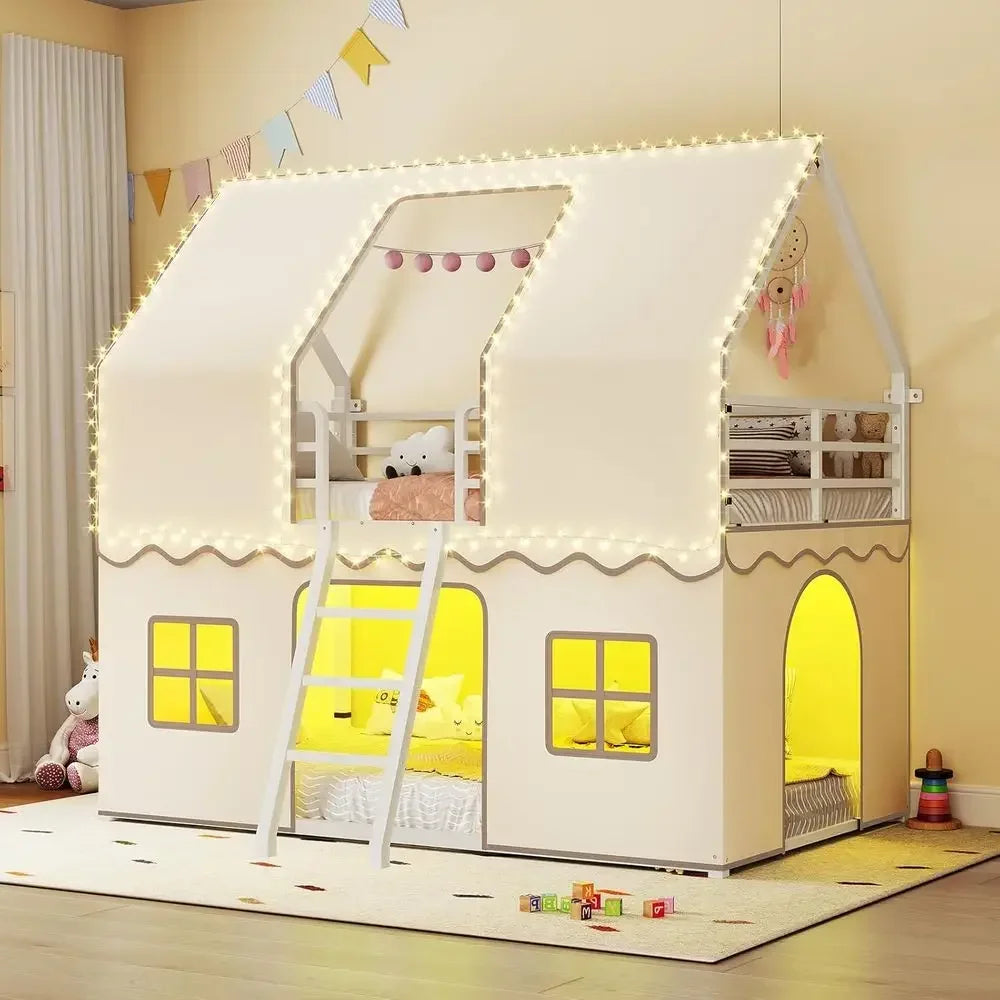 Twin Over Twin Bunk Bed with Play Curtain, LED Lights, Metal Frame, Inclined Ladder, Guardrail, Space-Saving Design