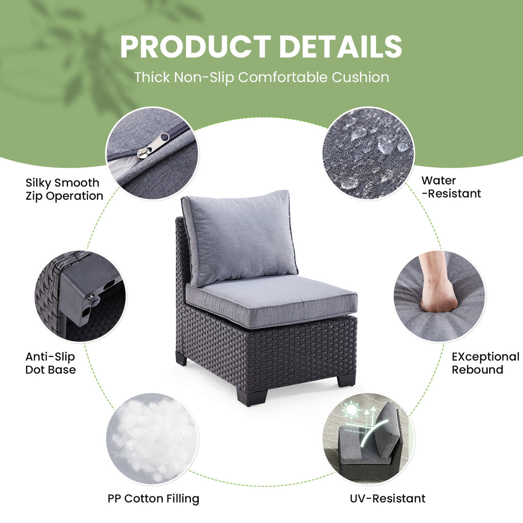Farini Patio Sectional Sofa Set, Outdoor Furniture with Ottoman, Water/Oil/Stain-Resistant Fabric, Dark Gray Cushion + Gray Wick