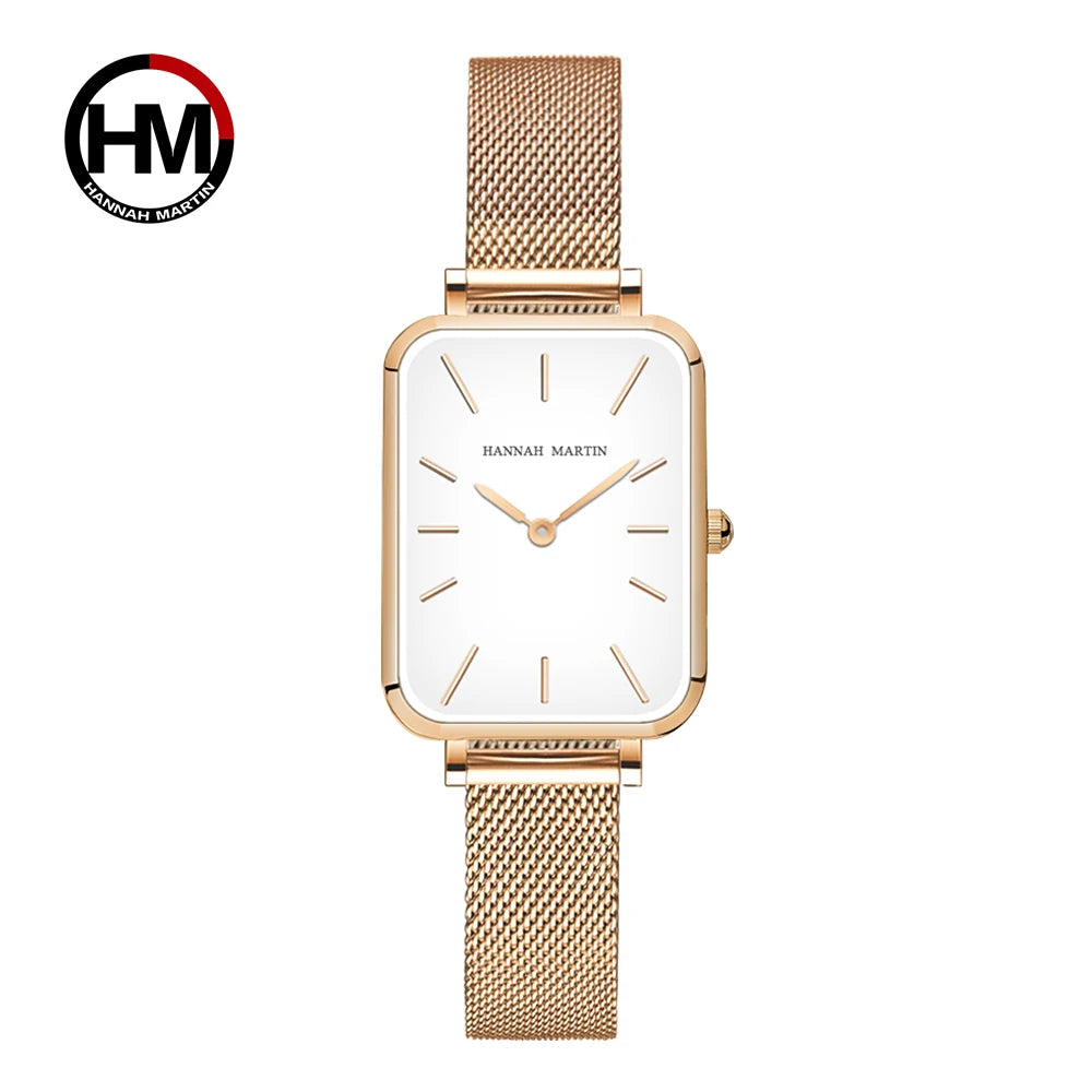 Hannah Martin Women Watch 34mm Simple Design Square Dial Lightweight Japanese Quartz Movement Rose Gold Stainless Steel Mesh Strap Classic Watch US Local Fast Shipping Surprise Gift Watch