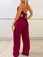 2-Piece Wine Red Halter Neck Ruffle Chiffon Top Wide Leg Pants Elegant Women Party Banquet Outfit
