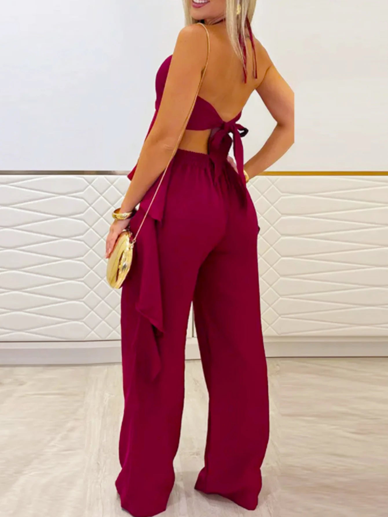 2-Piece Wine Red Halter Neck Ruffle Chiffon Top Wide Leg Pants Elegant Women Party Banquet Outfit
