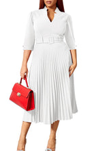 Womens V Neck Business Casual Shirt Dress With 3/4 Sleeves Pleated Midi Skirt And Belt