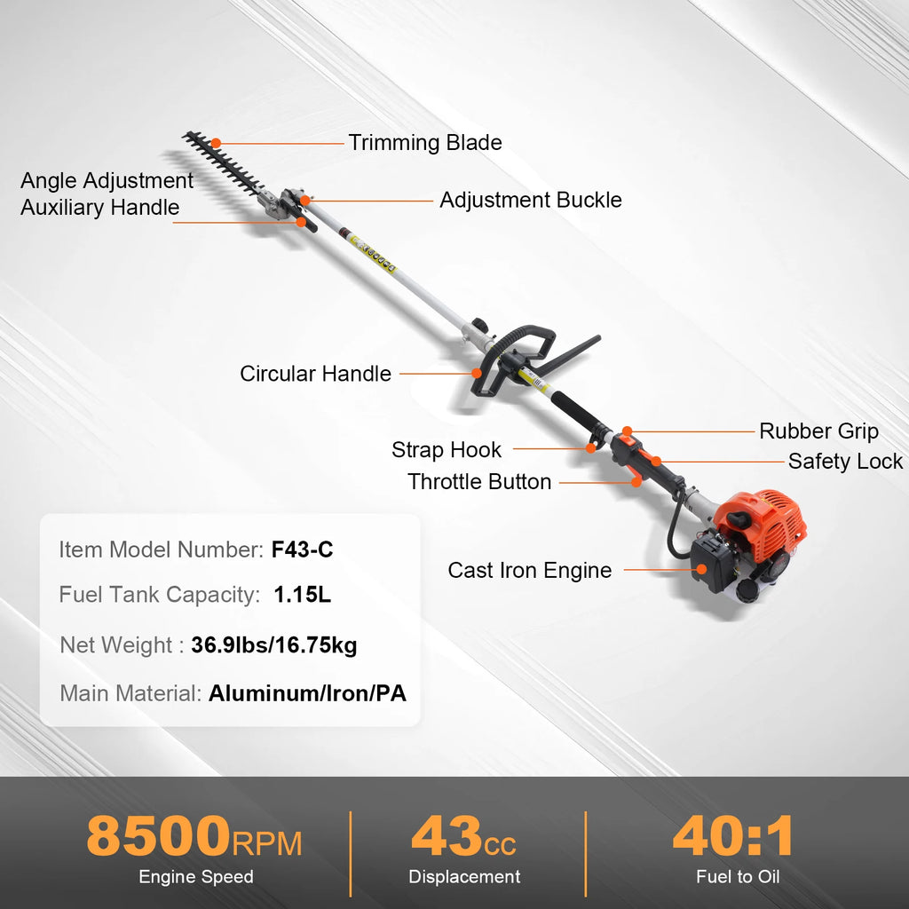 SucceBuy 43CC 6-in-1Multi-Functional Trimming Tools Gas Hedge Trimmer Weed Eater String Trimmer Brush Cutter Edger Pole Chainsaw