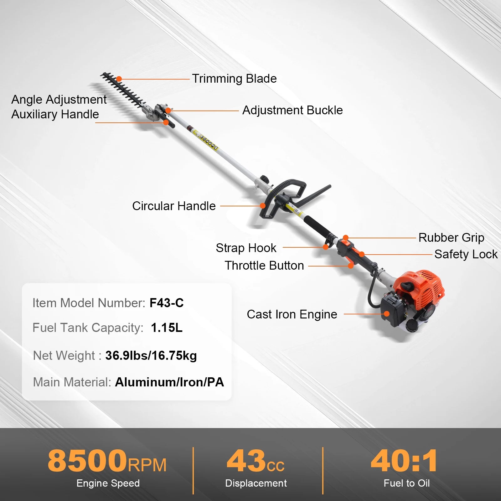 SucceBuy 43CC 6-in-1Multi-Functional Trimming Tools Gas Hedge Trimmer Weed Eater String Trimmer Brush Cutter Edger Pole Chainsaw