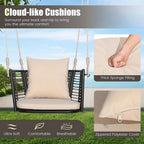 1-Person Outdoor Hanging Porch Swing with Cushions, Rattan Backrest, Metal Frame, 2 Ropes, Up to 400 lbs, Beige