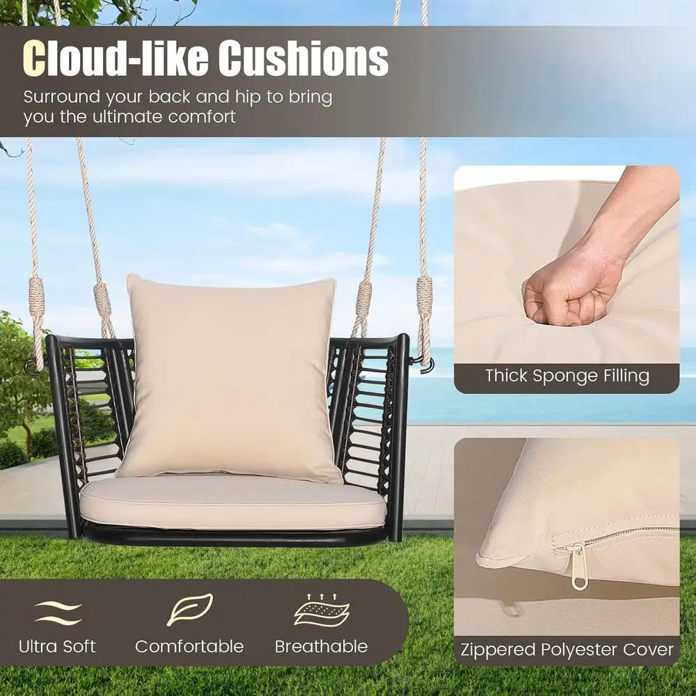 1-Person Outdoor Hanging Porch Swing with Cushions, Rattan Backrest, Metal Frame, 2 Ropes, Up to 400 lbs, Beige