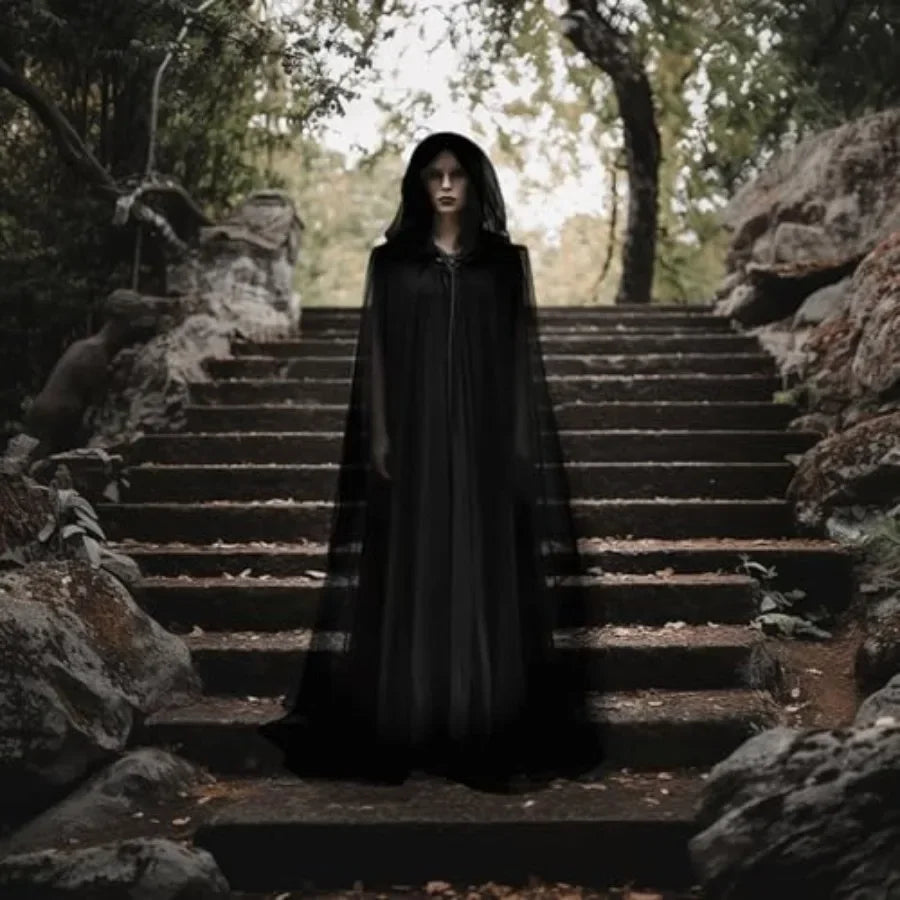 Halloween Medieval Hooded Cloak 3-Layer Chiffon Gothic Witch Cape for Adults and Teens, Unisex Cosplay Costume