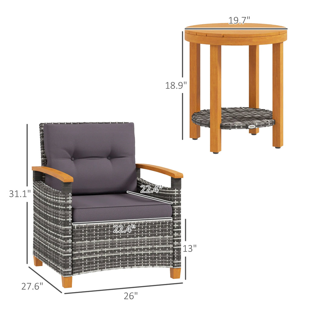3 Pieces Wicker Patio Bistro Set Outdoor with Cushions, Gray