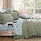 Queen Comforter Set - 7 Pieces Ruffle Sage Green Bedding, Shabby Chic Farmhouse Style with Floral Sheets & Pillowcases