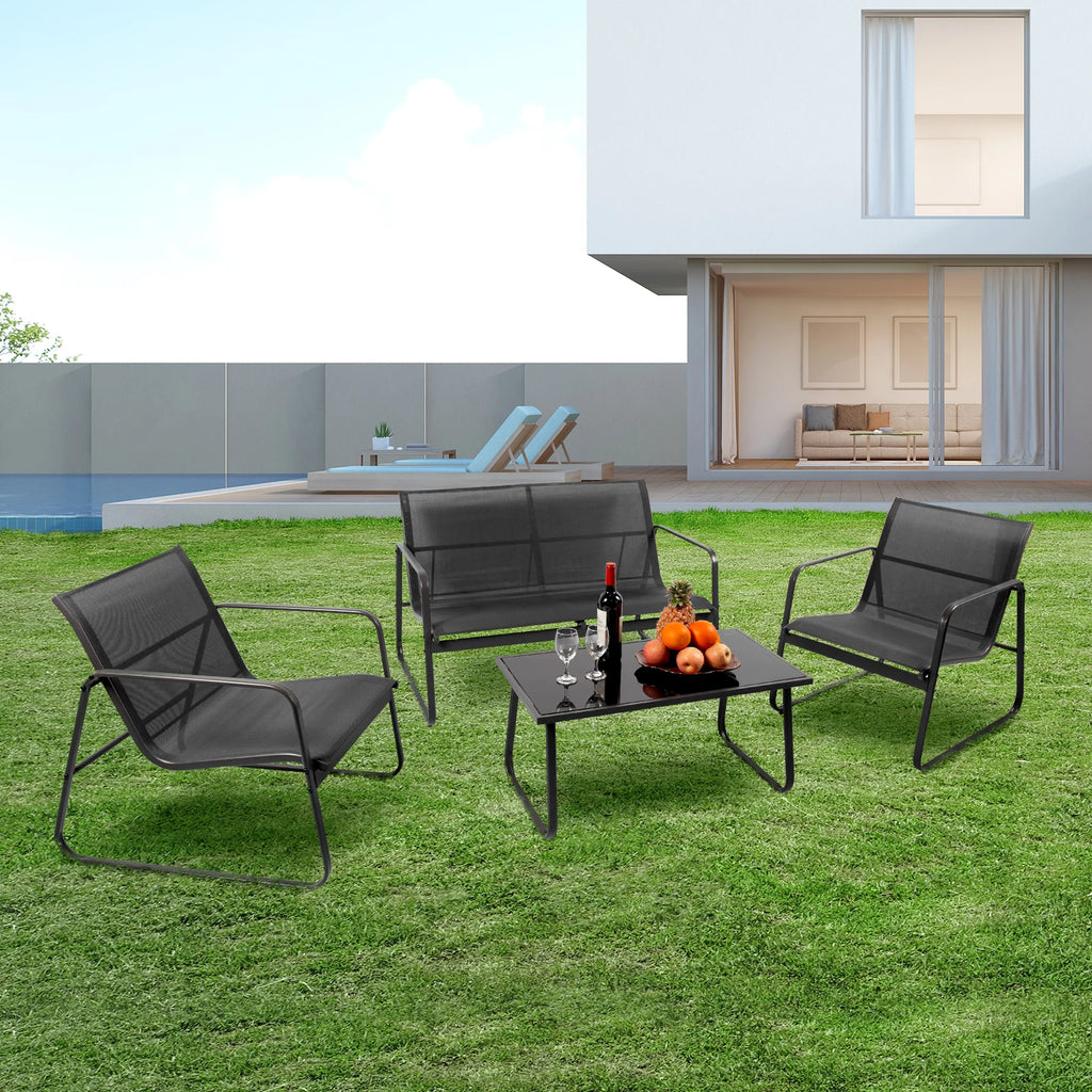 JHK Outdoor Patio Furniture 4 Pieces Set with Table Metal Frame Lumbar Support Mesh Backrest Sectional Balcony Sets for Garden