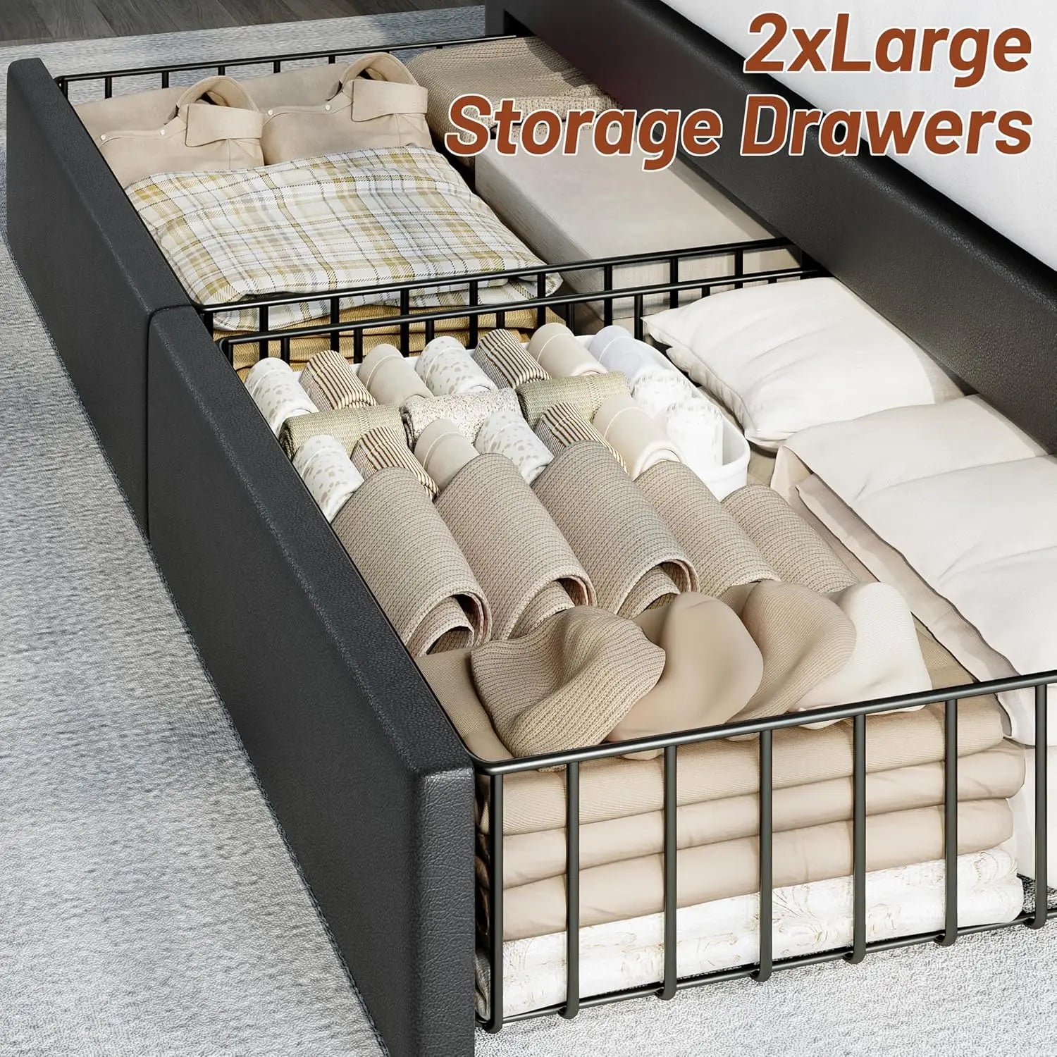 Full Upholstered Platform Bed Frame with Storage Headboard, USB & Type-C Charging Ports, 4 Drawers, Solid Wood, Customized