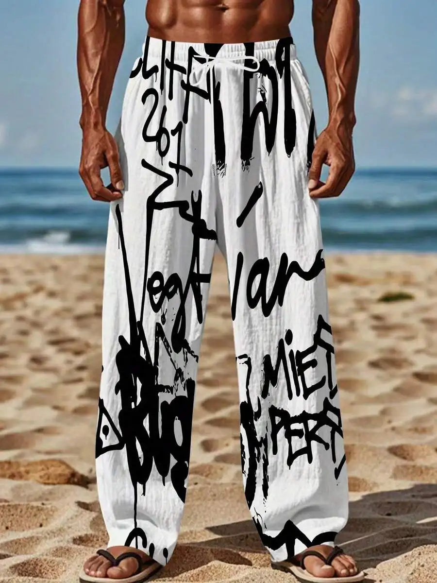 Mens Black And White Graffiti Print Loose Straight Leg Pants For Summer Beach