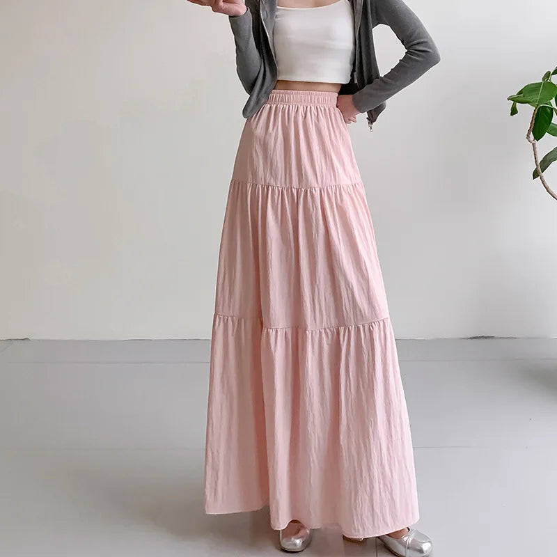 New Fashion High Waist White Long Skirts for Woman Spring Summer Harajuku A Line Cake Skirt Women Elastic Waist Party Midi Skirt