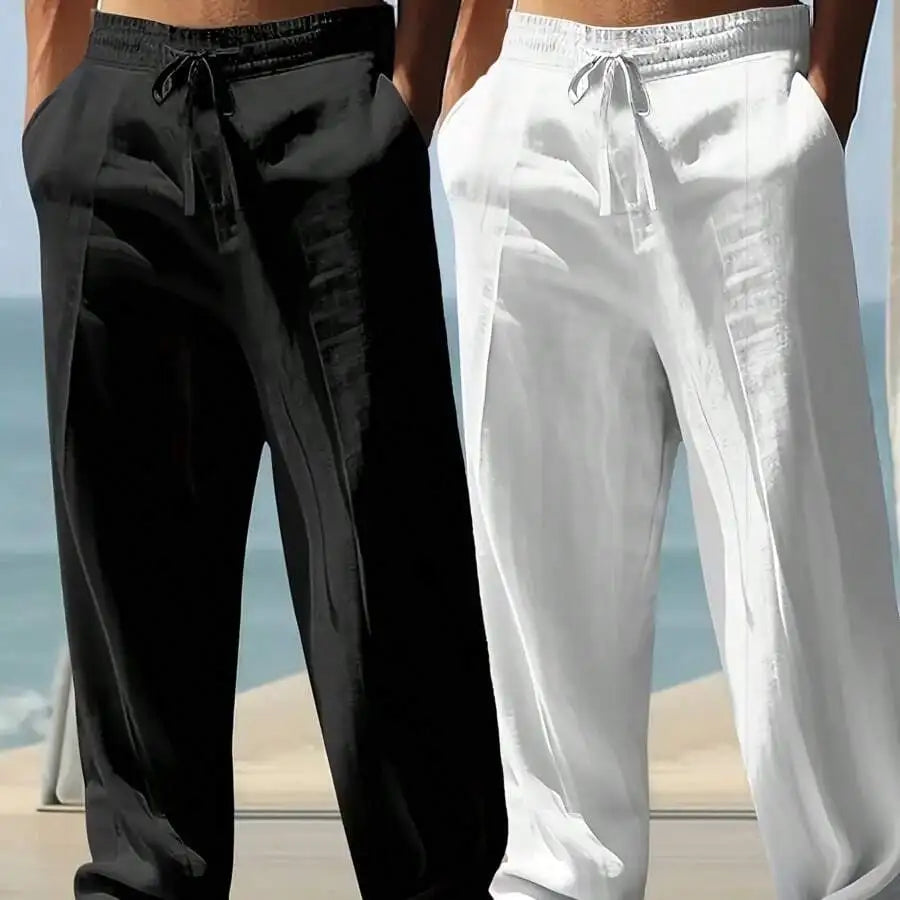 MenS Loose Fit Linen Casual Pants Elastic Waist Beige White