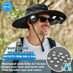 Unisex Rechargeable Hands Free Fan Bucket Hat UPF 50+ Waterproof Breathable Wide Brim Sun Hat Long Lasting Battery For Fishing Beach Gardening Safari