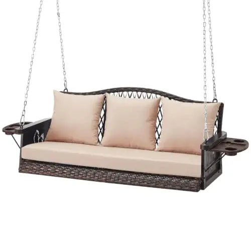 Upgraded Wicker Hanging Porch Swing Heavy Duty 900lbs 3-Seat Outdoor Patio Swing Chair Bench for Adult w/ 8.9ft Hanging