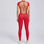 Women's One-piece Yoga Jumpsuit Short Sleeve Open Back Slim Fit Sports Outfit Tights Quick-drying Hip Lift Gym Fitness Clothes