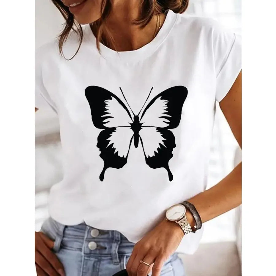 【New Arrival】Women's White Dragonfly Print Tee Let It Be Summer Casual Top