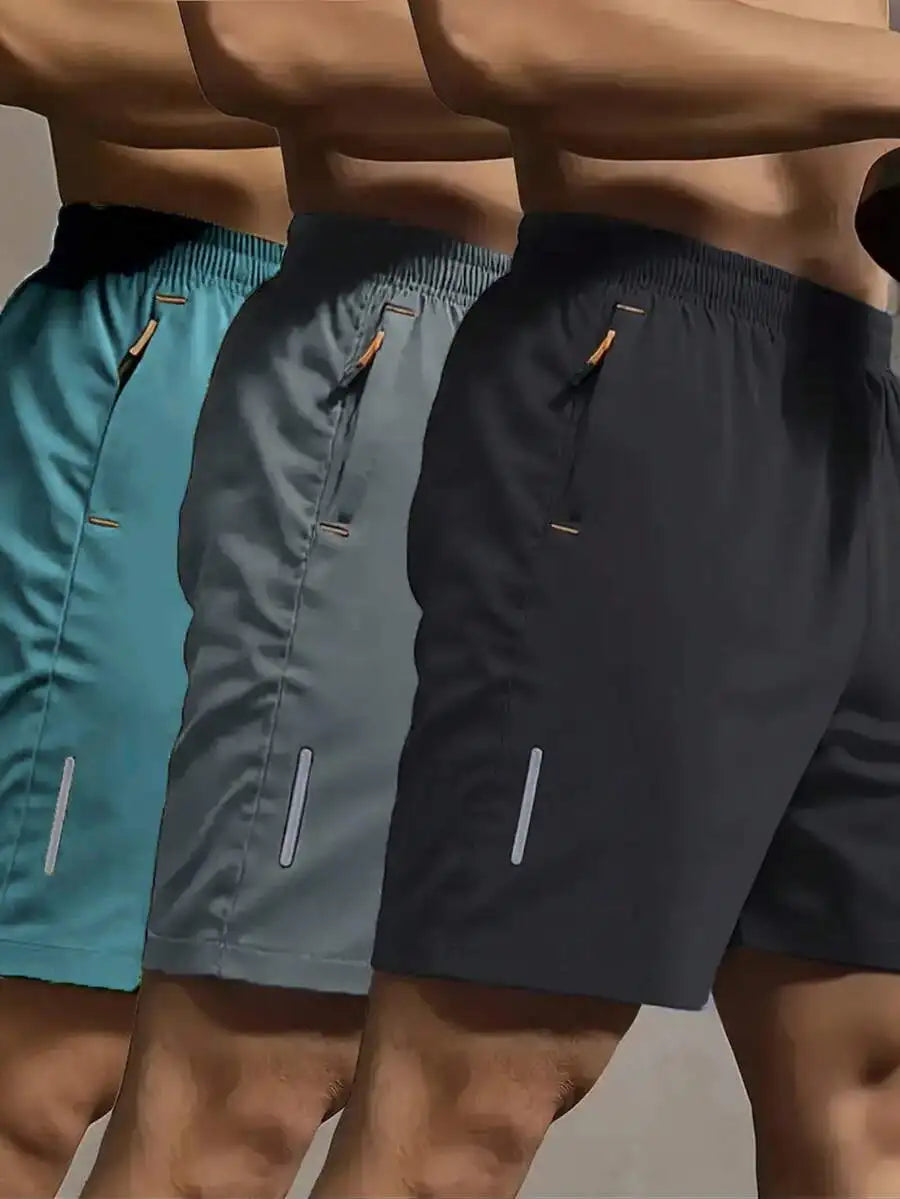 3 Pcs Mens Summer Drawstring Sports Shorts With Zipper Pockets Breathable Quick Dry For Running Hiking