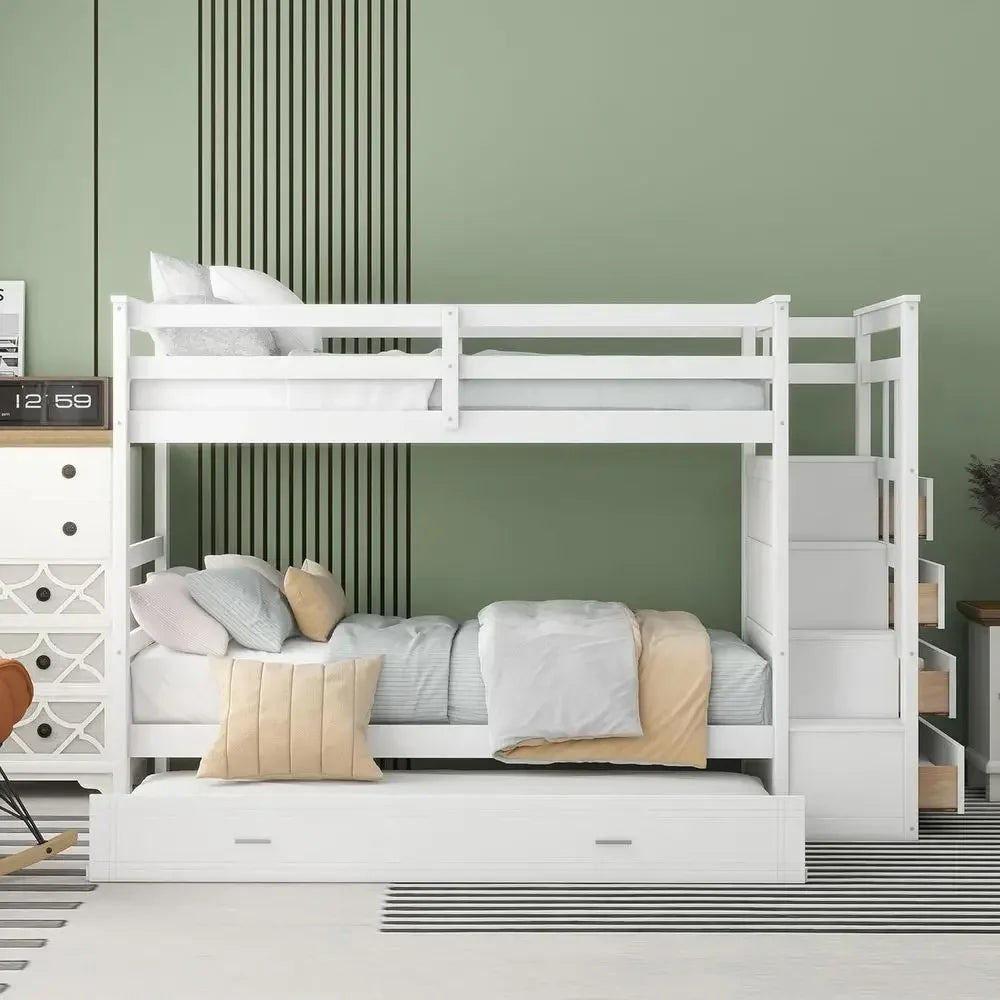 Twin Over Twin Staircase Bunk Bed with Trundle, Triple Bunk Bed, Storage Stairs, Safety Rail, Drawers, Solid Wood, Bedroom Set,