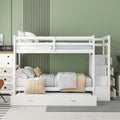 Twin Over Twin Staircase Bunk Bed with Trundle, Triple Bunk Bed, Storage Stairs, Safety Rail, Drawers, Solid Wood, Bedroom Set,