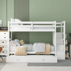 Twin Over Twin Staircase Bunk Bed with Trundle, Triple Bunk Bed, Storage Stairs, Safety Rail, Drawers, Solid Wood, Bedroom Set,