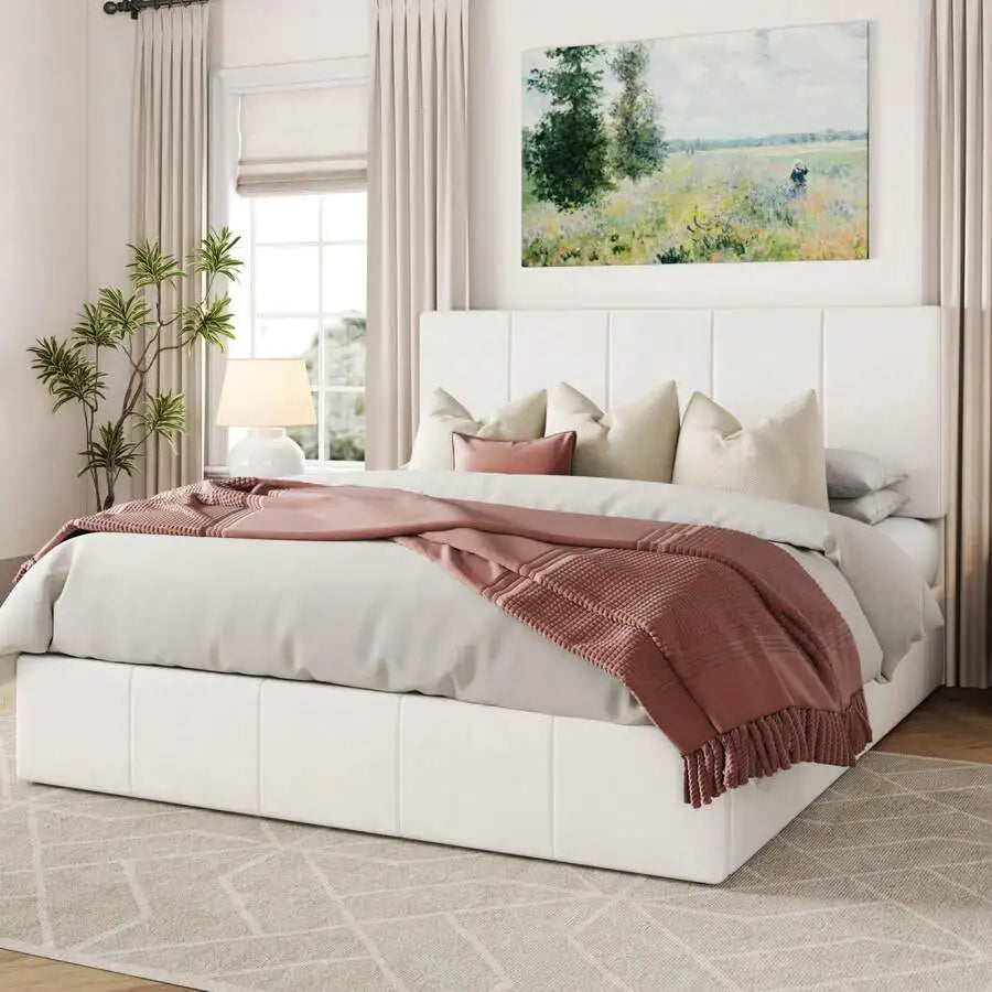 Full/Queen/King Size Velvet Lift Up Storage Bed Frame, Vertical Channel Tufted Headboard, Hydrualic Underneath Storage, Upholstered Platform Bed, Wooden Slats Support, No Box Spring Needed, White