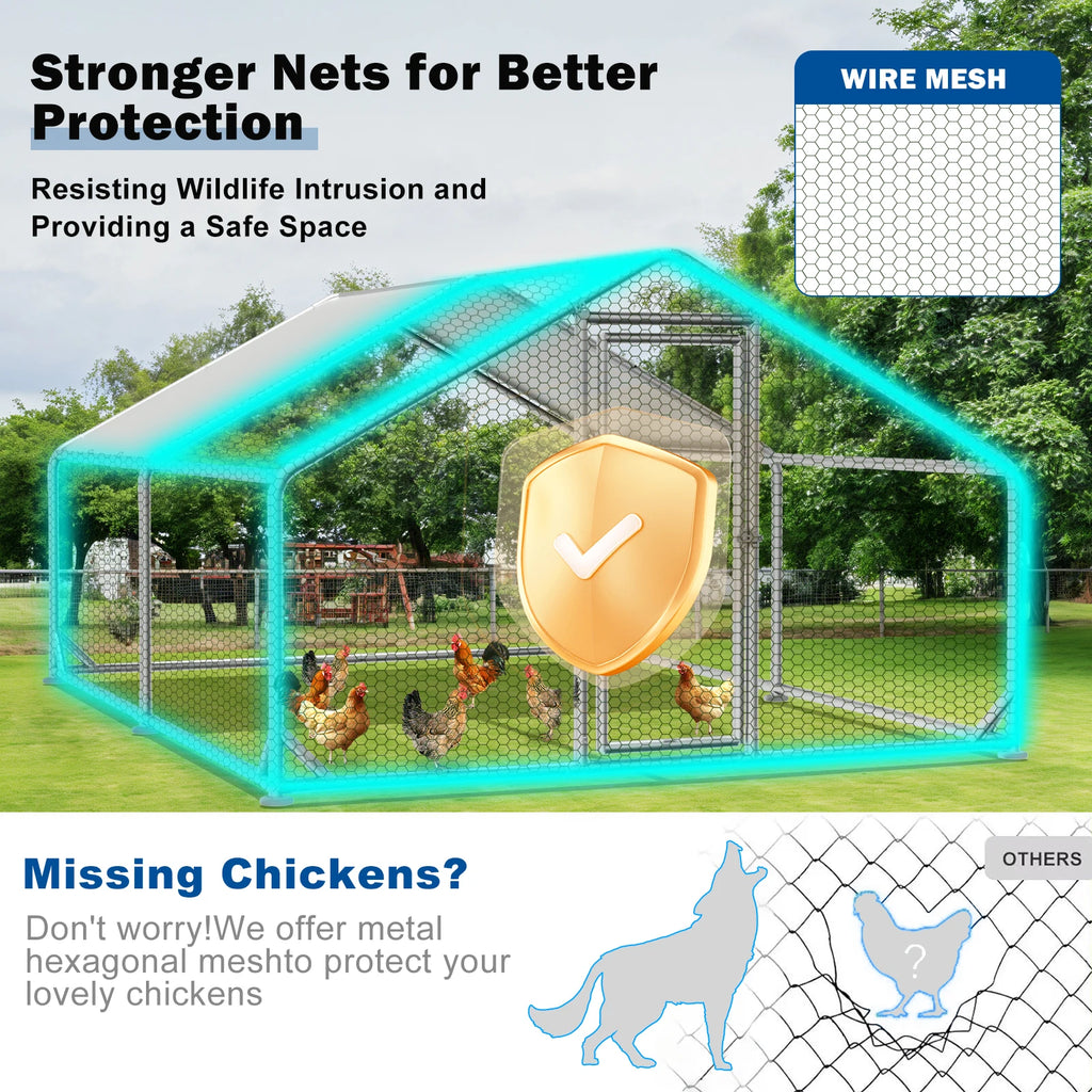 Large Metal Chicken Coop Upgrade with Tri - Supporting Structure and Hexagonal Wire Mesh, Chicken Pen with Waterproof and Anti - UV Cover, Walk - in Chicken Coop, Outdoor Duck and Rabbit House (13’ L x 10’ W x 6.5’ H)