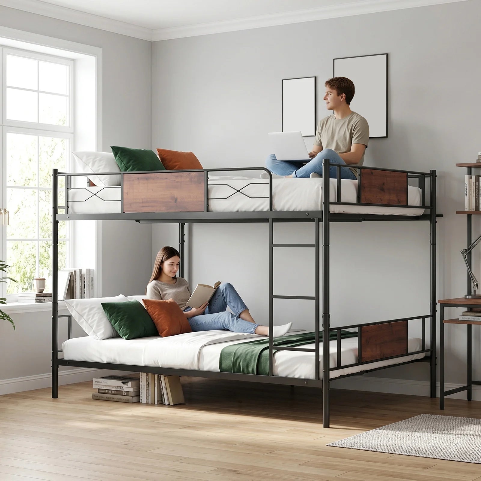 Full Over Full Bunk Bed Detachable Metal Bunk Bed Frame with Higher Guardrail Ladder Under Bed Storage for Dormitory Kids' Room