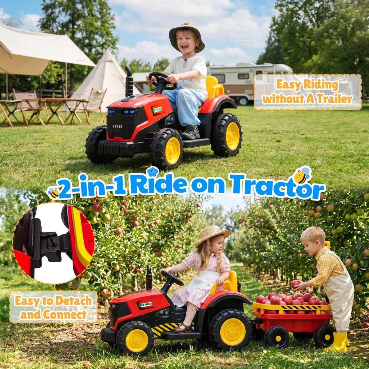 12V Kids Electric Ride On Tractor With Removable Trailer, Remote Control & Manual Drive 2 Modes, Bluetooth Music LED Light, Children Farm Ride‑on Car Toy Gift for Kids Boys Girls