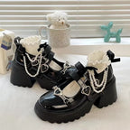 2024 Sweet Heart-Shaped Buckle Lolita Shoes Women Patent Leather Platform Mary Janes Chunky Heels Pumps