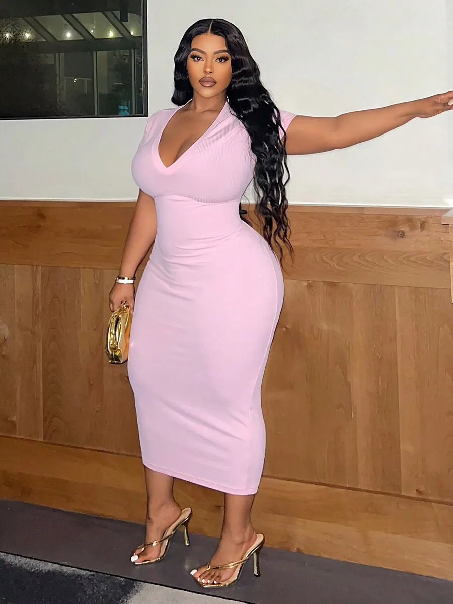 Women Plus Size V-Neck Short Sleeve Bodycon Midi Dress